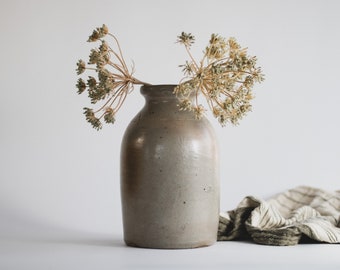 Primitive Salt Glazed Stoneware Jar, Beige Ceramic Crock Vase, Modern Farmhouse Pottery, Antique Stoneware Pottery Vase