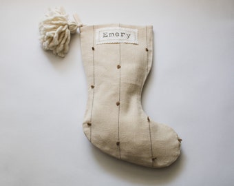 Neutral Christmas Stocking with Pom Poms, Beige Stockings, Boho Holiday Décor, Stockings for the Family, Vintage Inspired Monogram Nametags