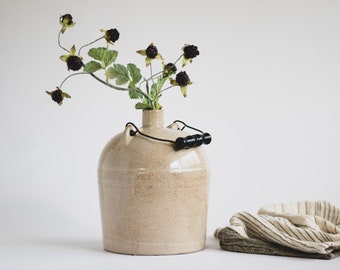 Antique Stoneware Crock Bottle with Wooden Handle, Modern Farmhouse Pottery, Rustic Ceramic Jug