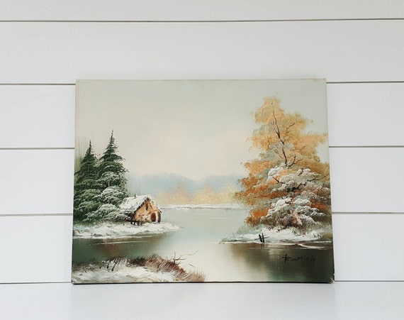 16 X 20 Vintage Oil Painting Of A Winter Cabin In The Woods By Etsy