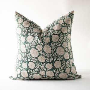 Teal Green Block Print Cushion Cover, Designer Hand Block Floral Pillow, Decorative Pillow, Cottage Core Pillow, Linen Block Printed Cushion