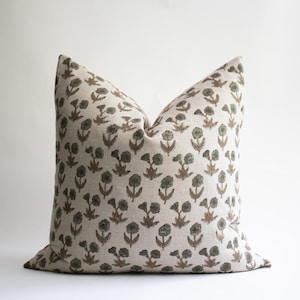 Hand Block Printed Linen Pillow Cover: Gray Khaki Leaf Cushion