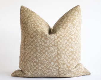 Khaki Floral Block Print Pillow Cover, Light Brown Handblock Pillow, Designer Throw Pillows, Neutral Linen Pillows, Block Printed Cushions