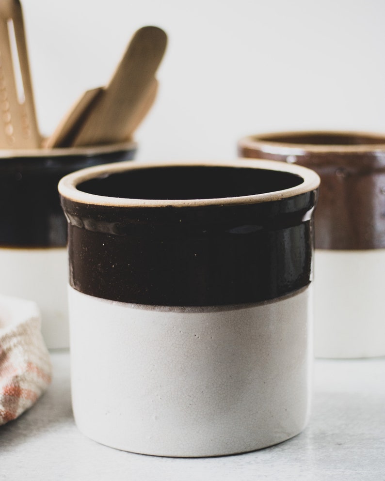 Assorted Antique Dipped Stoneware Crocks for Utensils, Modern Farmhouse Pottery, Vintage Brown Crock, Kitchen Utensil Holder image 4