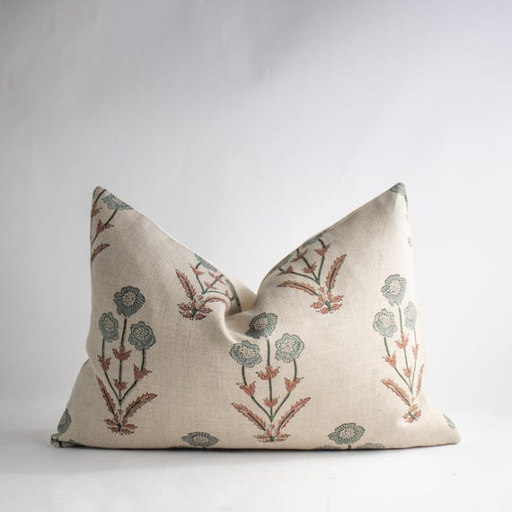 Blue Floral Block Print Pillow Cover: Cottagecore Linen Cushion | NEEL