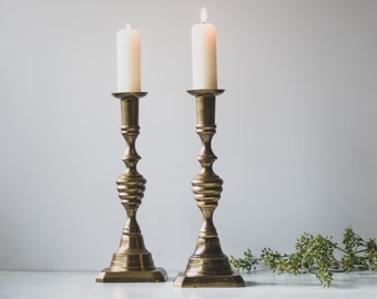 Set of 2 Large Brass Candle Sticks, Traditional Brass Candlestick Holders, Chunky Candlesticks, Bohemian Wedding Decor, Table Decorations