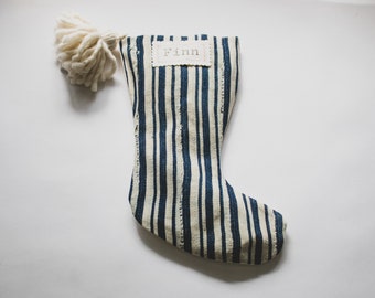 Blue Striped Mudcloth Stockings Xmas, Personalized Vintage Indigo Christmas Stockings with Nametags, Beachy Boho Holiday Décor, Boy Stocking