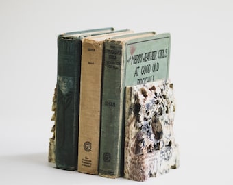 Vintage Chinese spekstenen boekensteunen: donkere academische kantoordecoratie