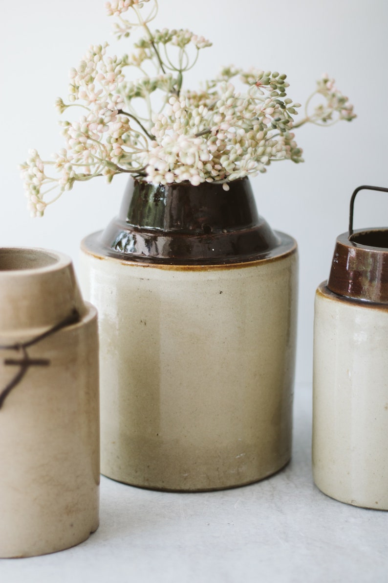 Assorted Small Vintage Dipped Stoneware Crock Jars, Antique Stoneware Canning Jars, Small Ceramic Crock Vase image 3