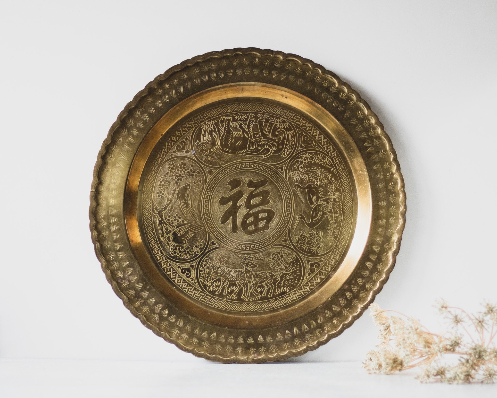 Large 14 Chinese Brass Tray With Fortune Symbol, Etched Brass Coffee Table Tray, Modern Bohemian Catch All Tray, Brass Candle Holder Plate - Etsy Large 14 Chinese Brass Tray With Fortune Symbol, Etched Brass Coffee Table Tray, Modern Bohemian Catch All Tray, Brass Candle Holder Plate - Etsy