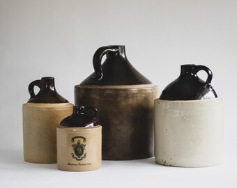 Assorted Antique Two Tone Stoneware Whiskey Jugs, Primitive Brown and Beige Ceramic Jug, Modern Farmhouse Pottery Jug, Rustic Kitchen Decor