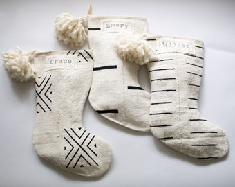 White and Black Christmas Stockings Personalized, Mud Cloth Stockings White, Modern Boho Holiday Decor, Neutral Family Stockings Mudcloth