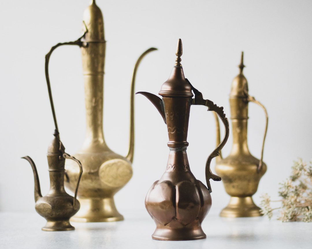 Assorted Mid Century Etched Solid Brass Surahi Aftaba Ewer Dallah