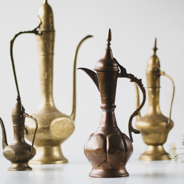 Assorted Mid Century Etched Solid Brass Surahi Aftaba Ewer Dallah, Vintage Brass Indian Tea Kettles, Arabic Brass Tea Pot, Indian Decor