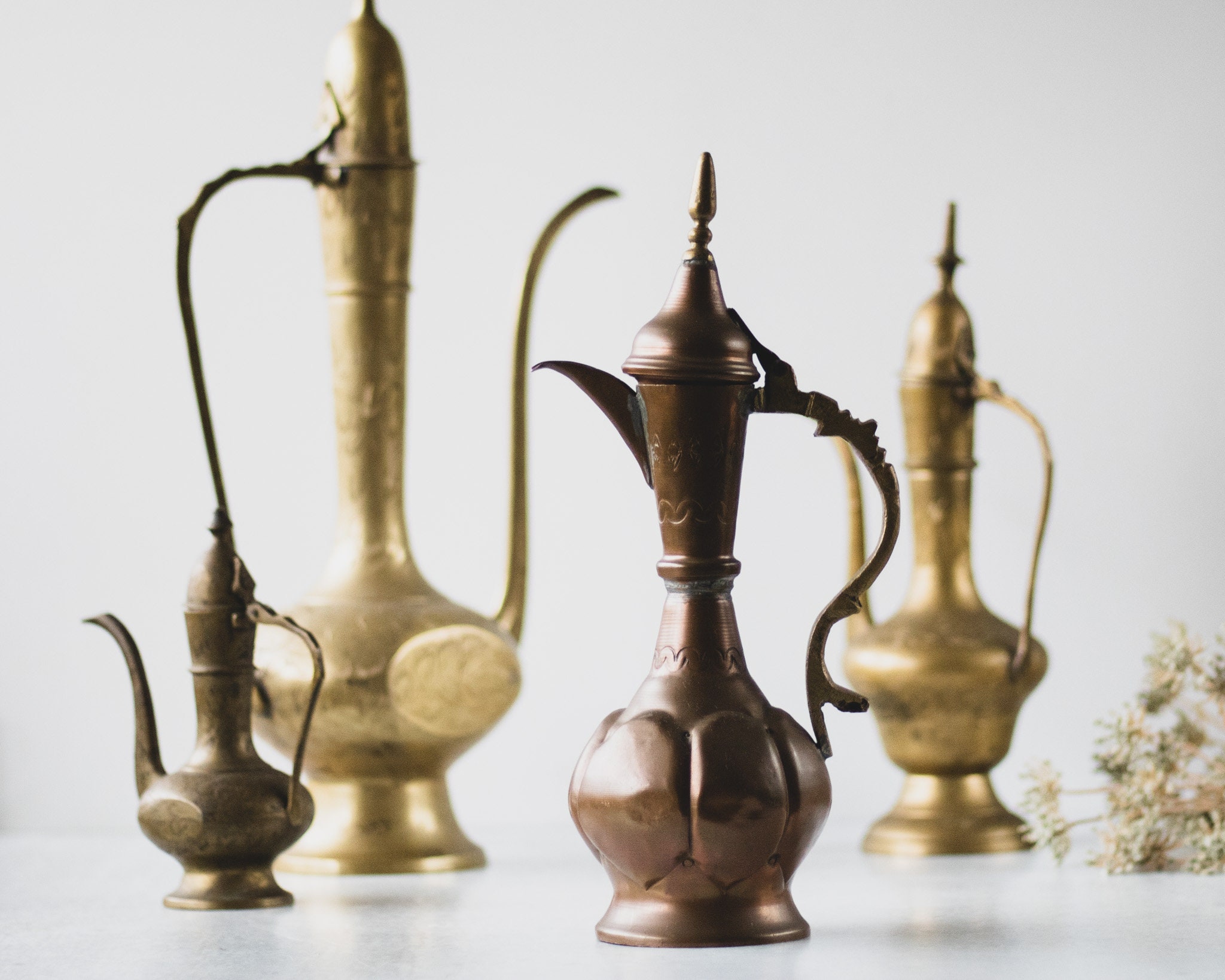 Assorted Vintage Indian Etched Brass Tea Kettle: Surahi Aftaba Ewer Dallah