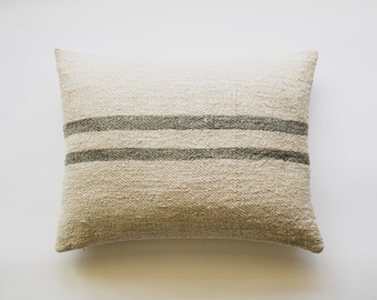 MARLOW || Gray Striped Antique Grain Sack Pillow | Grey Striped Grainsack Lumbar Pillow | Modern Farmhouse Decor