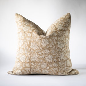 Tan Floral Linen Block Print Pillow Cover, Designer Throw Pillows, Neutral Hand Blocked Pillow Covers, Modern Farmhouse Pillows