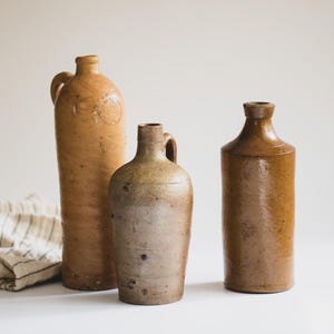 Assorted Antique European Stoneware Bottles: Rustic Farmhouse Pottery from Portugal, Germany + Amsterdam image 1