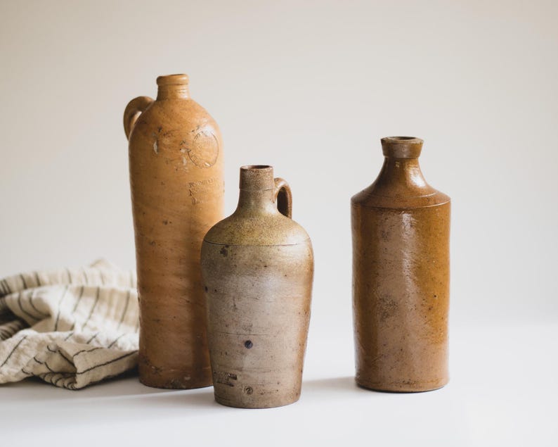 Assorted Antique European Stoneware Bottles: Rustic Farmhouse Pottery from Portugal, Germany + Amsterdam image 1