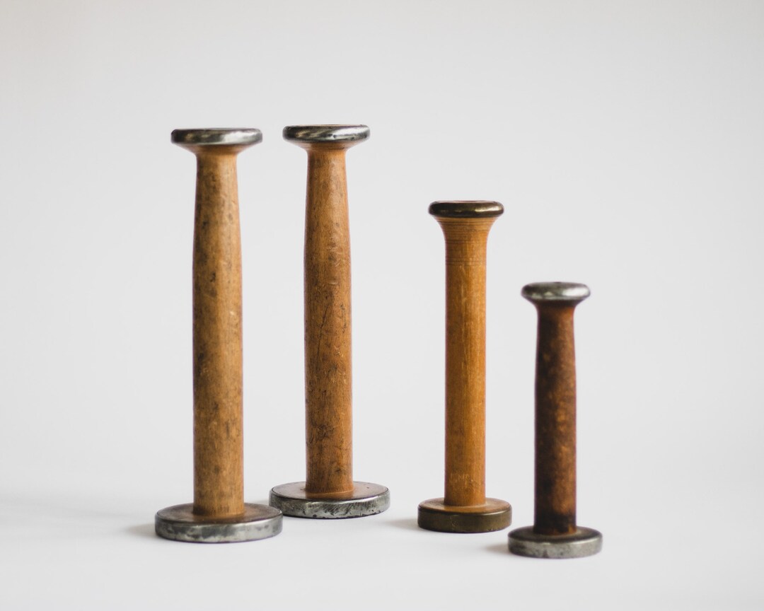 Assorted Antique Wooden Spool Candlesticks, Industrial Spool Candle