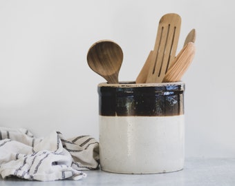 Assorted Antique Dipped Stoneware Crocks | Modern Farmhouse Decor | Old Brown Crock | Kitchen Utensil Holder