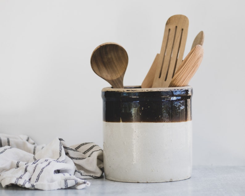 Assorted Antique Dipped Stoneware Crocks for Utensils, Modern Farmhouse Pottery, Vintage Brown Crock, Kitchen Utensil Holder image 2