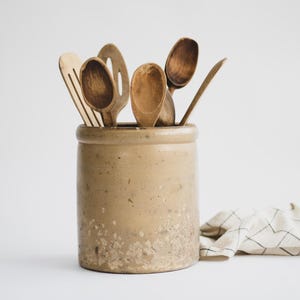 Chippy Farmhouse Stoneware Crock: Primitive Kitchen Utensil Holder