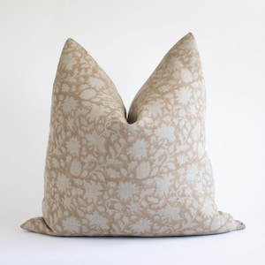 Tan Floral Hand Blocked Linen Pillow Cover, Neutral Block Print Throw Pillows, Decorative Cushion Covers, Modern Cottage Designer Pillow