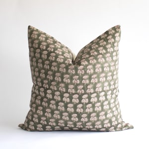 Green and Red Floral Block Print Pillow Cover, Linen Cushion, Modern Farmhouse Decor