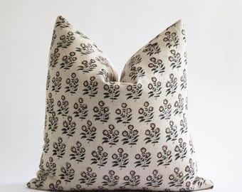 Floral Block Printed Linen Pillow Cover: Brown & Green Farmhouse Decor | OLIVET