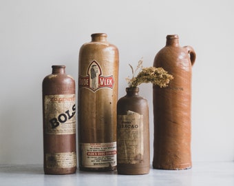 Assorted Antique European Stoneware Beer Ale Liquor Bottles | Rustic Farmhouse Pottery | Ceramic Bottle Germany + Amsterdam Holland