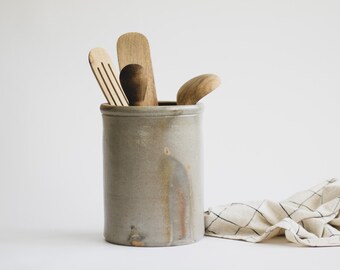 Tall Farmhouse Kitchen Crock, Primitive Salt Glazed Stoneware Crock, Wabi Sabi Kitchen Decor, Utilitarian Crock for Kitchen Utensils