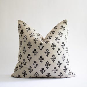 Black Floral Block Print Pillow Cover: Modern Farmhouse Linen