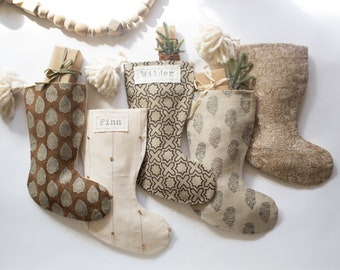 Neutral Christmas Stockings Personalized, Vintage Inspired Stockings Block Print Linen, Modern Farmhouse Stockings, Stockings with Pom Poms