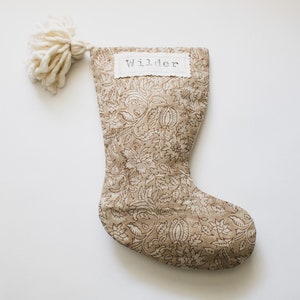 Neutral Christmas Stockings Linen, Cottage Core Stocking, Beige Botanical Block Print Stocking with Name, Modern Farmhouse Holiday Décor