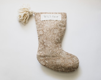 Neutral Christmas Stockings Linen, Cottage Core Stocking, Beige Botanical Block Print Stocking with Name, Modern Farmhouse Holiday Décor