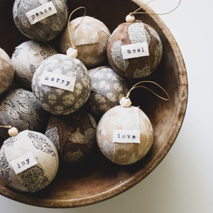 Linen Christmas Ornament, Neutral Handmade Block Print Ornaments, Modern Farmhouse Holiday Decor, Hand Block Fabric Christmas Decorations