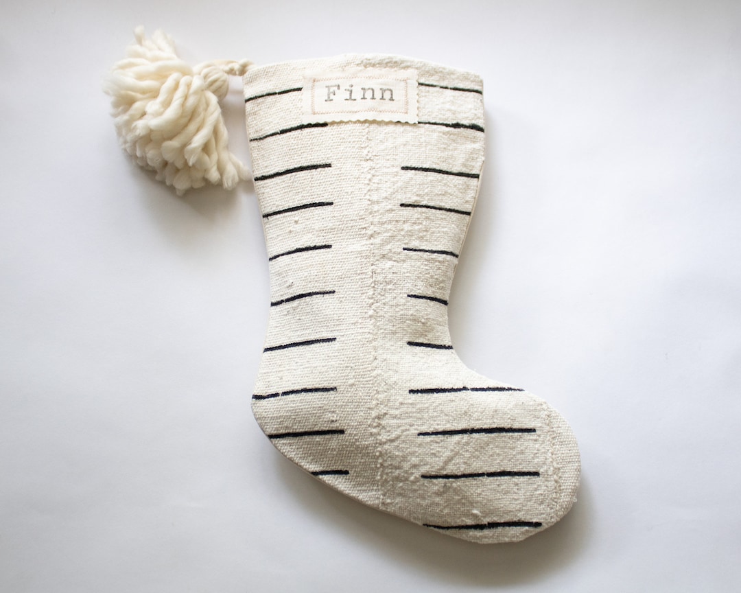 Minimalist Christmas Stocking Personalized, White Mudcloth Stocking