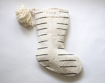 Minimalist Christmas Stocking Personalized, White Mudcloth Stocking, Unique Stockings with Custom Nametags, White and Black Xmas Decor