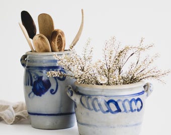 Assorted Vintage Betschdorf Stoneware Crocks with Handles, Salt Glazed French Confit Pot with Cobalt Blue Design