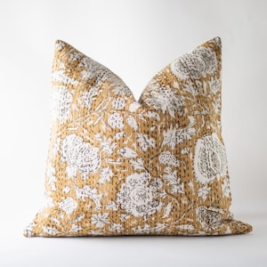 Brown Block Printed Throw Pillow Cover, Hand Block Cushion, Botanical Kantha Throw Pillow, Decorative Pillow Floral, Modern Bohemian Pillow