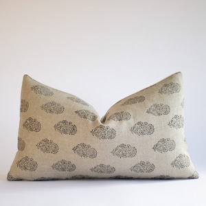 Beige and Black Floral Block Printed Lumbar Pillow Cover, Modern Farmhouse Linen Pillows, Decorative Throw Pillow, Designer Pillow Covers