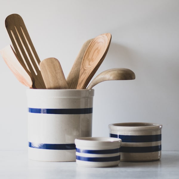 Assorted Blue Band Stoneware Crocks, Modern Farmhouse Decor, Old Crock with Blue Stripe, Antique and Vintage Kitchen Utensil Holder