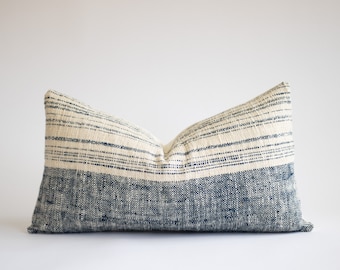Blue Striped Lumbar Pillow Cover, Textured Hmong Throw Pillow, Natural Organic Pillows, Minimalist Accent Pillows