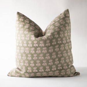 Sage Green Block Print Pillow Cover, Floral Hand Block Pillow, Modern Cottage Pillows, Designer Pillows, Block Printed Cushions for Sofa