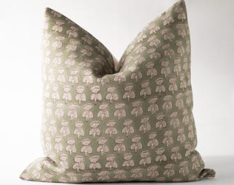Sage Green Block Print Pillow Cover, Floral Hand Block Pillow, Modern Cottage Pillows, Designer Pillows, Block Printed Cushions for Sofa