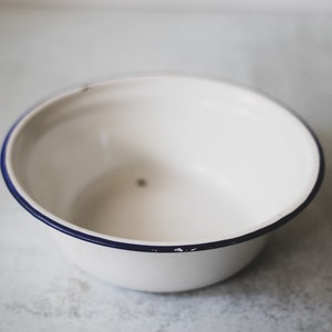 Vintage White Chippy Enamelware Bowl Blue Rim Enamel Farmhouse Bowl French Kitchen Decor image 7