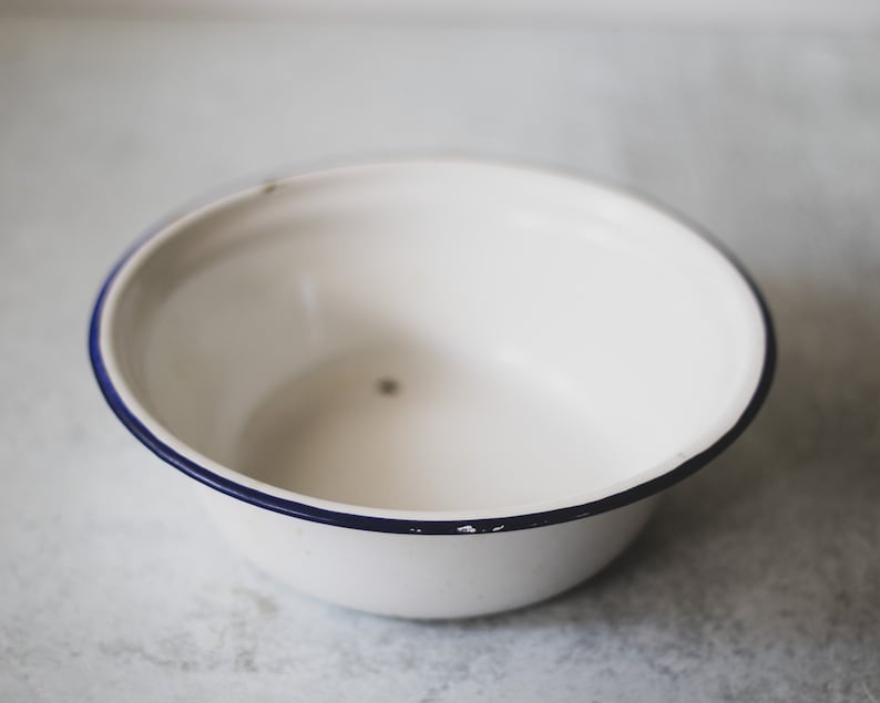 Vintage White Chippy Enamelware Bowl Blue Rim Enamel Farmhouse Bowl French Kitchen Decor image 7