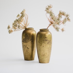 Pair of Vintage Mid Century Modern Chinese Etched Brass Vases, Bohemian Wedding Vases, Modern Farmhouse Wedding Centerpiece