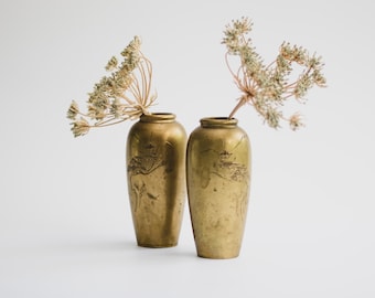 Vintage Etched Brass Vases: Mid Century Modern Bohemian Decor, Pair